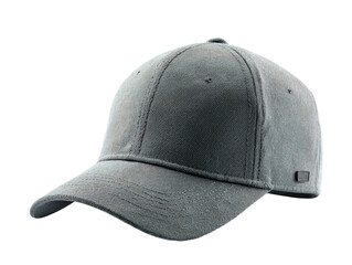 Fototapeta premium A sleek dark gray baseball cap with a subtle distressed denim texture, presented from a three-quarter side view.