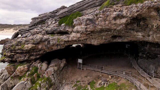 Archaeologically important coastal Klipgat Cave in De Kelders, Walker Bay. Drone