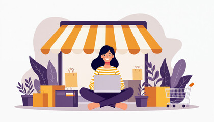 Young woman smiles, sits cross-legged, works on laptop computer. Manages online store, digital business, virtual shop. Concept illustrates e-commerce, internet retail, modern shopping, marketplace,