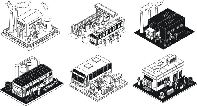 Bus manufacturing process vector set, industrial factory silhouettes with workers, assembly line, inspection, fueling, storage, customer service and sales illustration collection