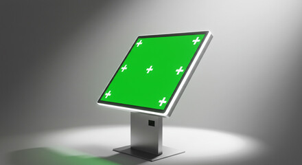 Modern digital kiosk with green screen and tracking markers for custom content integration