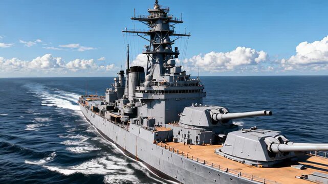 High-performance naval destroyer cutting through expansive blue seascape, showcasing sophisticated military engineering and strategic maritime capabilities with precision navigation systems.
