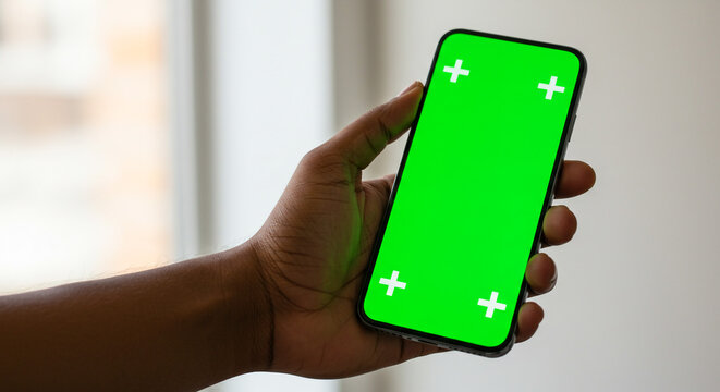 Man's hand holding a smartphone with a vibrant green screen and tracking markers, ready for customization.