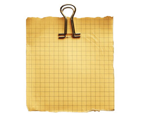 Torn yellow paper note held by a metal binder clip, isolated on transparent background