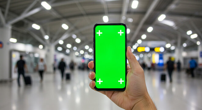 Hand holds smartphone with green screen in busy airport terminal showing travel app