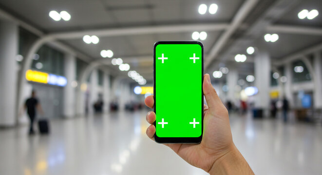 Hand holding smartphone with green screen in bustling airport terminal, perfect for travel app promotion