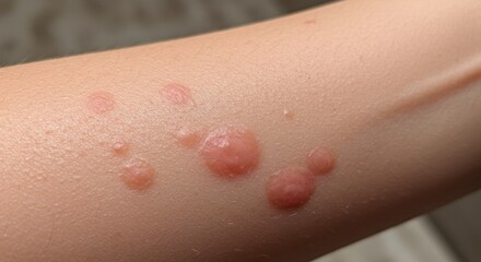 Close-up of a forearm showing small red raised bumps on the skin, resembling a rash, irritation, or possible allergic reaction. Useful for concepts of dermatology, skin conditions