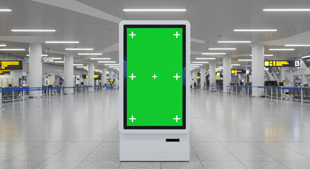 Modern digital kiosk with green screen displays in a busy airport terminal, ready for your content