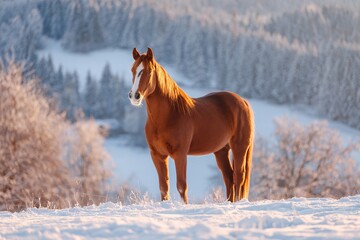 Majestic horse standing in a snowy landscape at sunset Generative AI