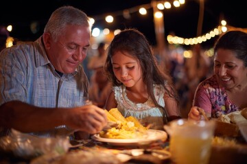 Family members eat corn and food outdoors at night under bright string lights with warm glow.