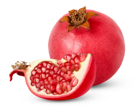 Pink ripe pomegranate with cut in half isolated.