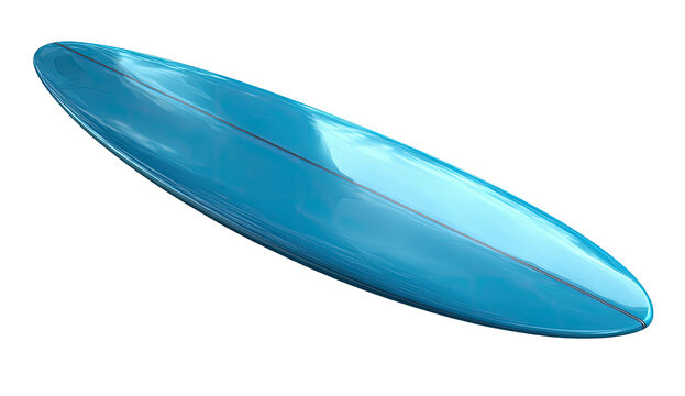 Shiny, elongated, turquoise-blue surfboard, isolated against a stark black background