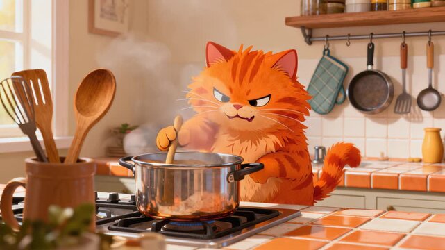 Whimsical cartoon scene featuring mischievous orange cat attempting complex cooking process, stirring bubbling pot with determined expression amid kitchen environment