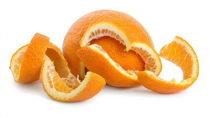 Bright orange fruit peeled segments on a white background studio shot