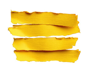 Four torn strips of vibrant yellow paper layered horizontally, isolated on transparent background