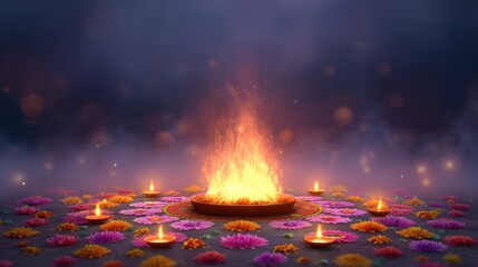 Vibrant Lohri festival scene featuring a central bonfire surrounded by colorful marigold flowers and glowing oil lamps, set against a festive night backdrop with warm lighting.