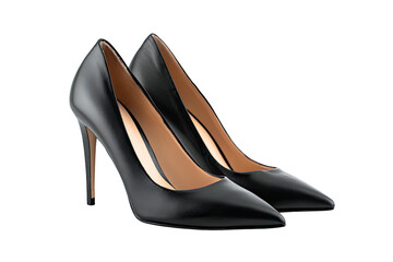 Sleek pair of black high-heeled pumps, leather texture, sharply pointed toe, stiletto heel, isolated on black
