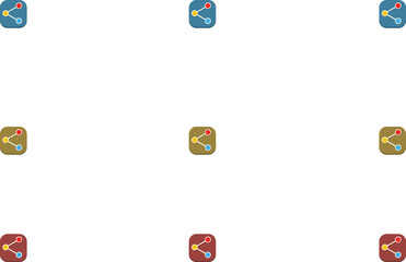 Set of 9 share button icons in blue, yellow, and red colours, great for social media, communication, connection, and digital marketing designs.