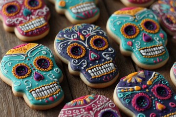 Fototapeta premium Colorful sugar cookies shaped like decorative skulls are displayed closely together on a rustic wooden surface.