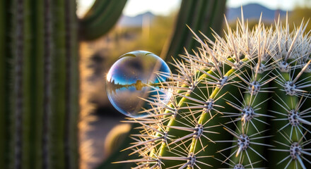Fragile Soap Bubble Resting on Sharp Desert Cactus Spines