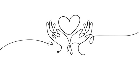 Hands holding heart vector illustration, love, care and relationship minimal line art design