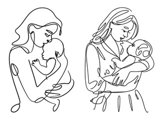 Mother holding baby line art, minimal motherhood sketch illustration, parent and child love vector