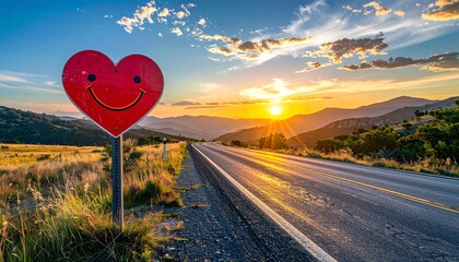 A stop sign on the road, shaped like a heart and painted with happiness, symbolizing joy and love along the journey
