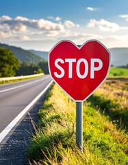 A stop sign on the road, shaped like a heart and painted with happiness, symbolizing joy and love along the journey