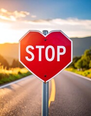 A stop sign on the road, shaped like a heart and painted with happiness, symbolizing joy and love along the journey