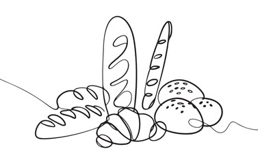 Fresh bakery bread and croissants vector illustration, pastry and baked food line art design