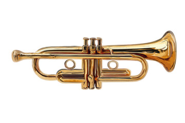 Obraz premium Golden brass musical instrument with valves, a mouthpiece, and a flared bell against a dark background