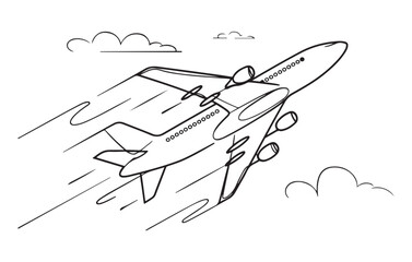 Airplane flying in sky vector illustration, aviation transport line art sketch design