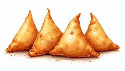 Golden brown Indian samosas line up on white background. Fried pastry snacks delicious appetizers, perfect for meal. Triangle shape, savory food. Warm dish, tasty, crispy, traditional cuisine, ethnic