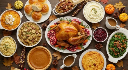 Traditional Thanksgiving Dinner Spread on a Rustic Wooden Table, Top View