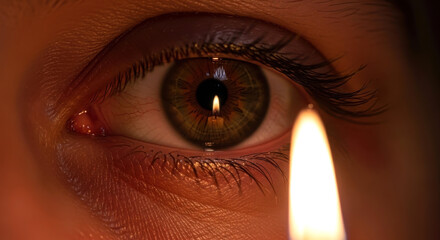 Macro Shot of Eye Reflecting Candle Flame in Darkness