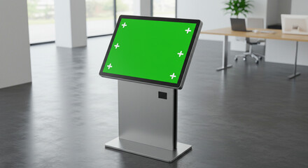 Modern interactive kiosk with green screen display in a bright, contemporary office setting