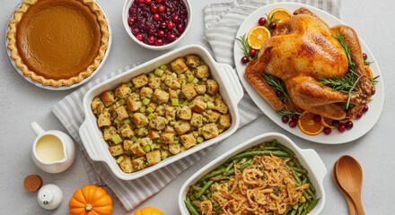 Thanksgiving Dinner Feast with Roasted Turkey, Pumpkin Pie, and Traditional Sides