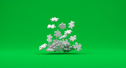 Scattered white puzzle pieces falling against a vibrant green background, symbolizing challenges and solutions.