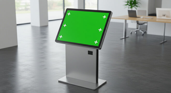 Modern interactive kiosk with green screen display in a bright, contemporary office setting