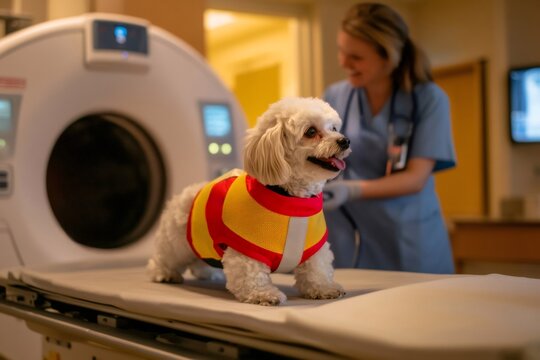 Small dog in a red and yellow vest standing on a medical table at a veterinary clinic, with a smiling vet tech