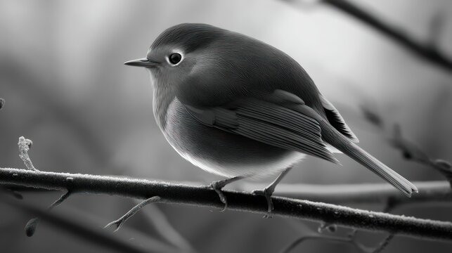 Ruby crowned kinglet perched on branch in black and white nature portrait