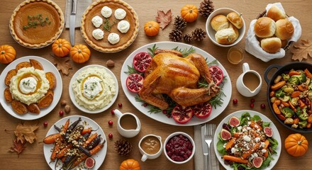 Overhead View of a Traditional Thanksgiving Feast on a Wooden Table