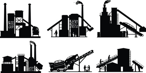 Fototapeta premium Industrial factory silhouette vector set, recycling plant icons, conveyor belt system, smokestacks with smoke, storage tanks, heavy industry, machinery structures, production facility illustration