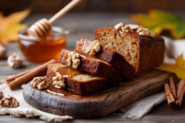 Honey cake slices with walnuts and honey on wooden table Generative AI