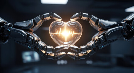 Robotic Hands Holding Glowing Human Heart with EKG Line