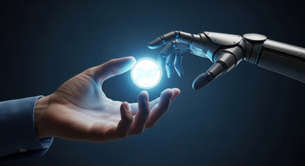 Robot Hand Passing Glowing Digital Orb to Human Hand