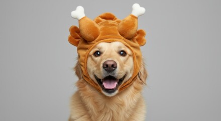 Golden retriever dog wearing a funny roasted turkey hat on a gray background