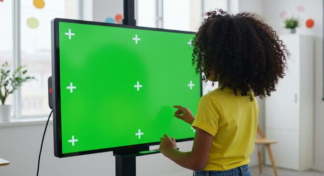 Curious young girl interacts with bright green screen, exploring digital content in modern classroom