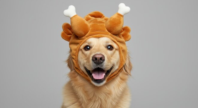 Golden retriever dog wearing a funny roasted turkey hat on a gray background