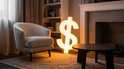 Cozy interior with dollar sign accent and armchair.